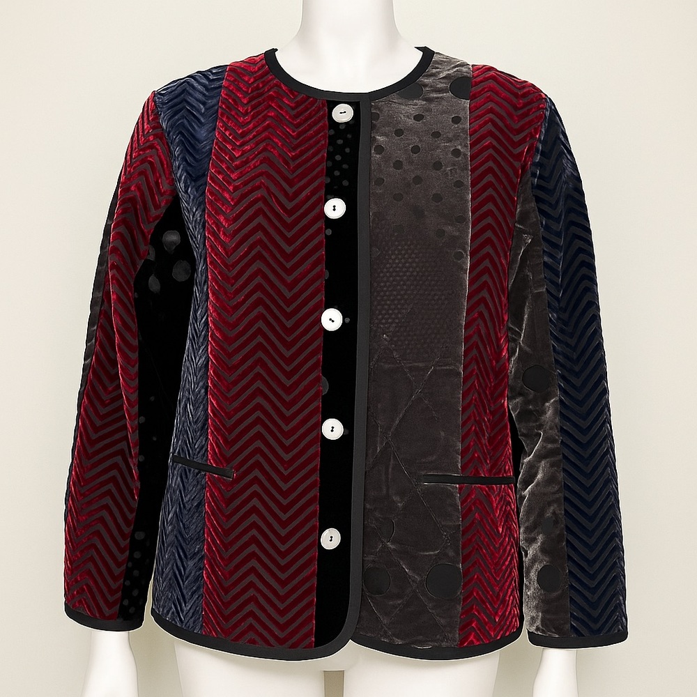 KOOS Of Course! Quilted Velvet Patchwork Burnout Boho Pattern Jacket Silk Blend
